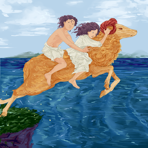 Figure 3. Phrixus and Helle on the golden ram. Original artwork created by University of New Hampshire student, Allina Podgurski ’22. Artwork used with the artist’s permission.