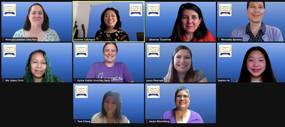 A screenshot of ten women in a Zoom call, all with blue backgrounds and smiling