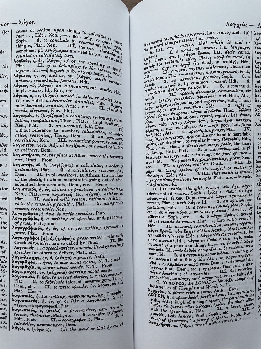 A different Greek-English dictionary opened to the page containing the entry for logos.
