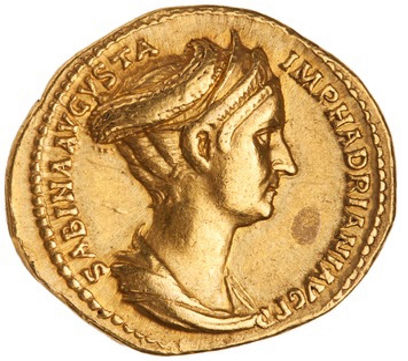 A gold coin with an image of Sabina looking to the right. Her hair is intricately braided into an updo.