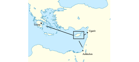 A map of the eastern Mediterranean. Tiryns (Greece), Ugarit, and Ashkelon are labeled.
