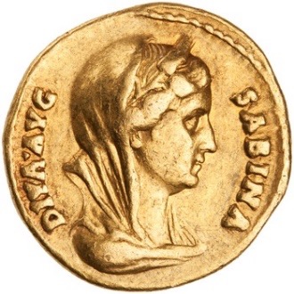 A gold coin featuring an image of Sabina looking to the right. Her hair is covered by a veil.