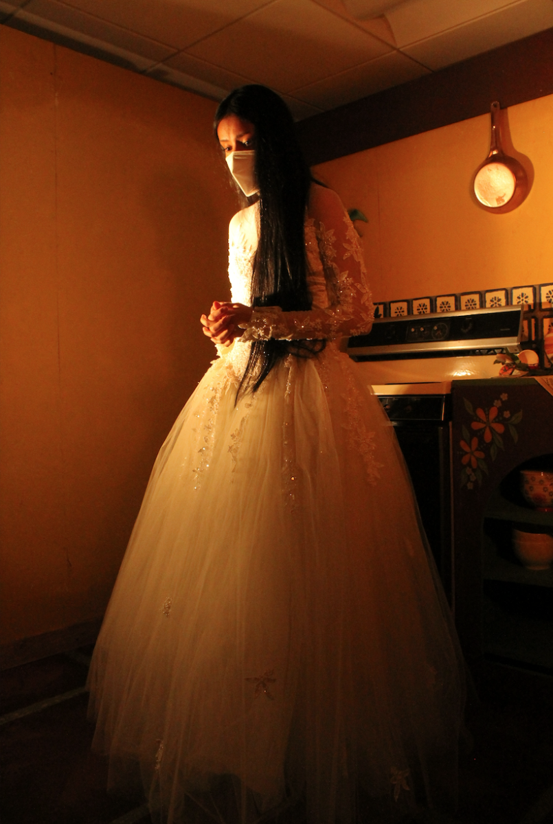 A woman with dark, waist-length, straight hair stands in a kitchen in a long, white gown with lace sleeves and a tulle skirt.