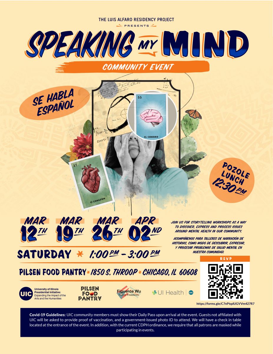 A yellow poster for Speaking My Mind with performance info and graphics of an illustrated heart and brain, flowers and a cactus, and a woman in black and white covering her face with her hands.