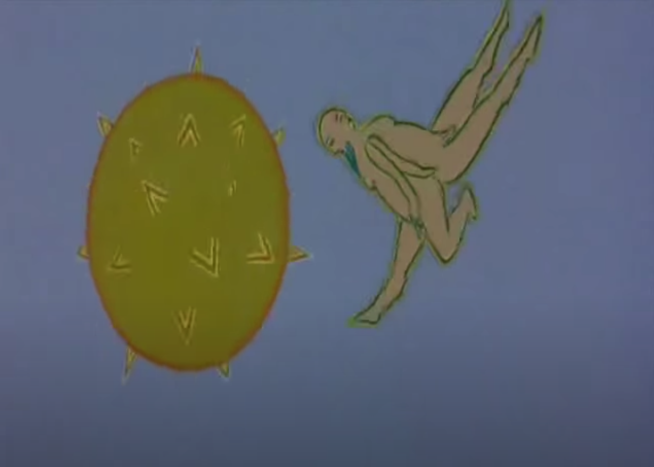 Large yellow sphere with spikes next to two naked human bodies back to back