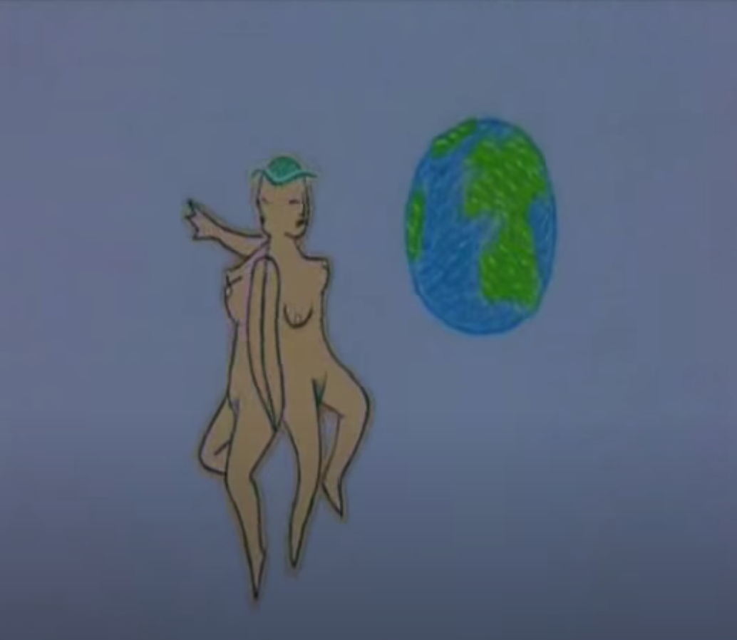 Two naked female bodies back to back next to a globe