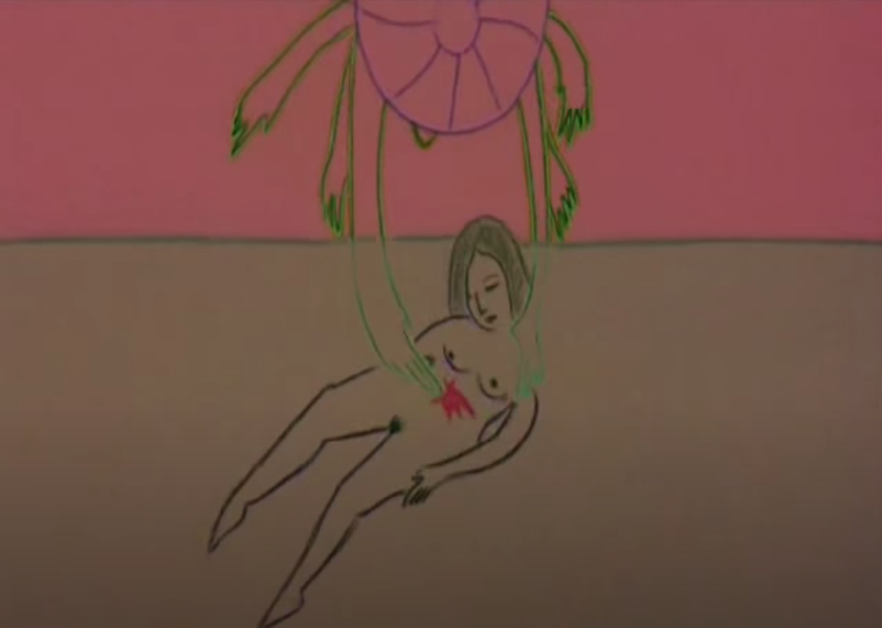 Sketch of a naked woman with a red spot on her abdomen
