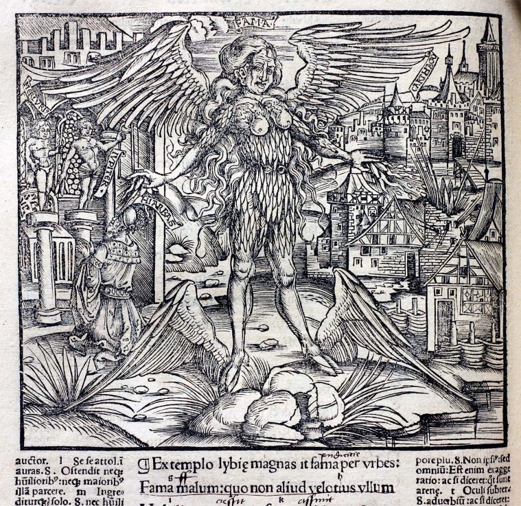 A woodcut of a black and white manuscript page with Latin text at the bottom. Above the text is an image of a woman covered in feathers with the wings and feet of a bird, thebreasts and face of a human woman, and long hair. A banner above her reads "FAMA"