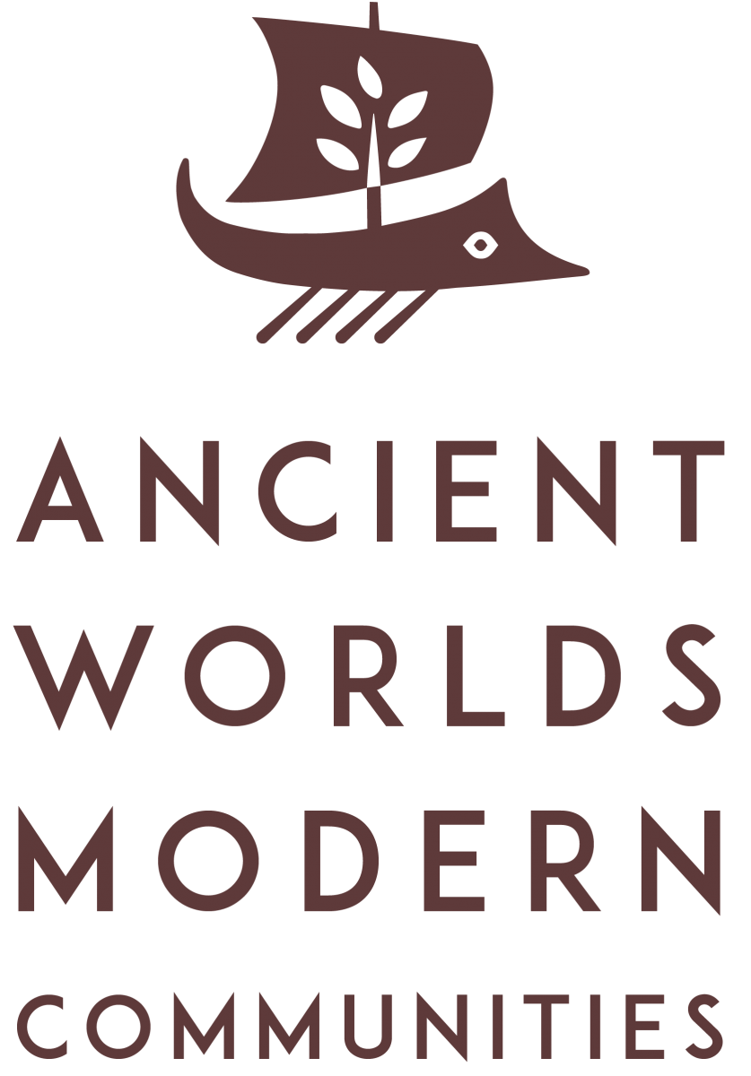 The logo of the Ancient Worlds, Modern Communities initiative. It has a brown illustration of a boat with a sail and oars.